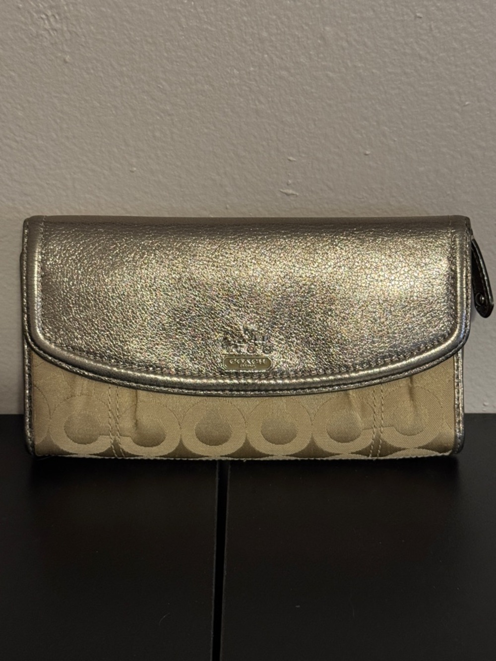 Coach Metallic Silver and Khaki Signature Continental Wallet